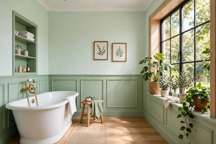 green master bathroom: painted green vanity with a pale top and brass handles