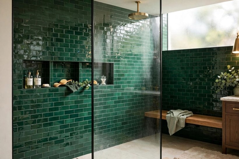 green master bathroom: green wall tiles with contrasting grout and a simple shower screen