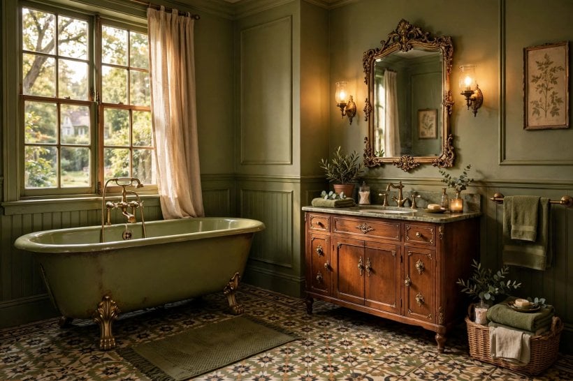 green master bathroom: compact wall-hung fixtures freeing up floor space
