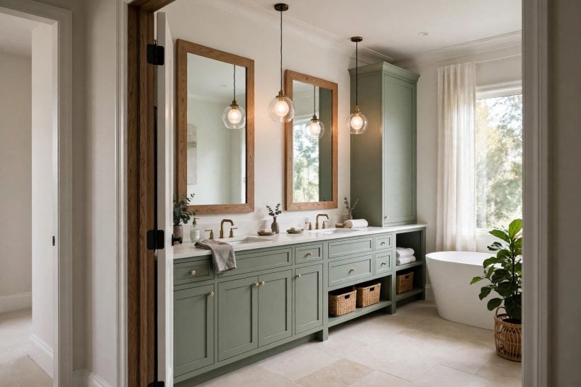 green master bathroom: mirror and layered lighting lifting deep green walls