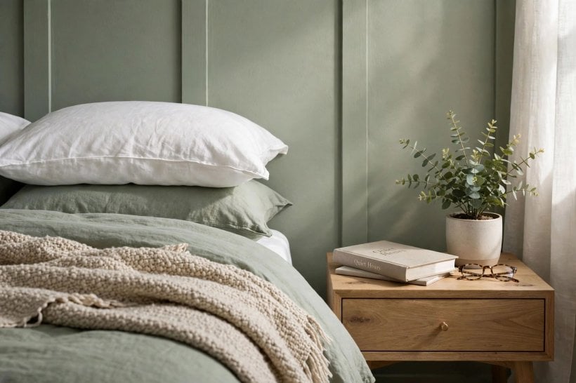 green bedroom: sage painted walls with layered linen bedding, oak furniture and a leafy plant by the window