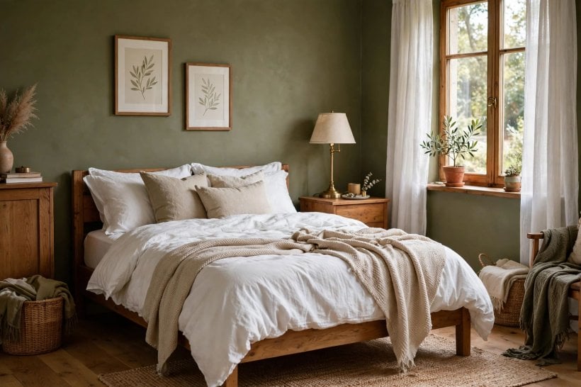 green bedroom: wall-to-wall built-in wardrobes painted deep green with brass handles and a calm, clutter-free bed