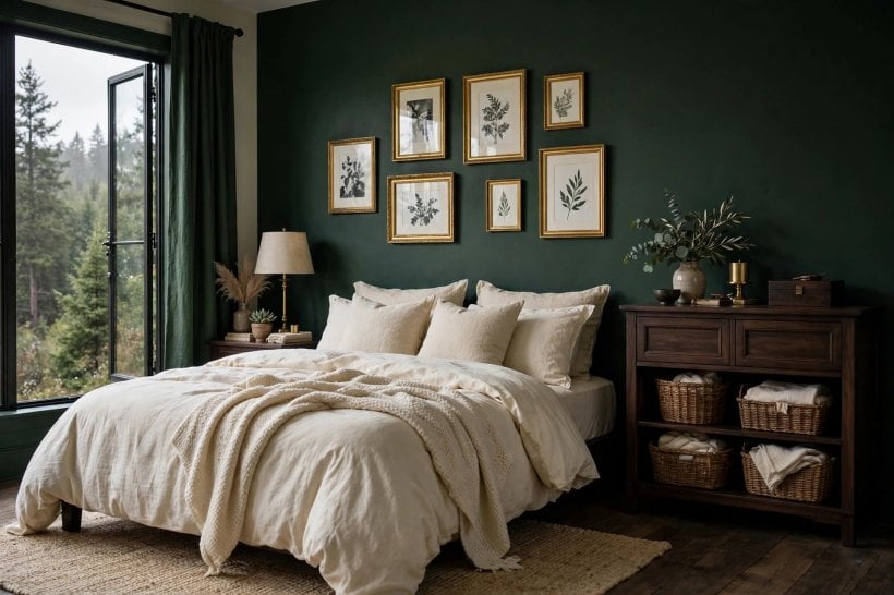 green bedroom: warm bedside lamps glowing against deep green walls with soft shadows and cream curtains