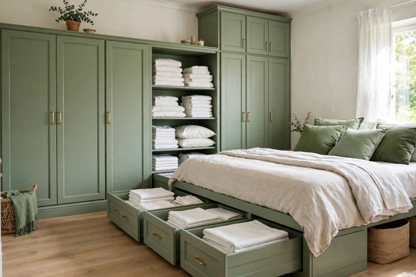 green bedroom: layered linen bedding in cream and moss with a wool throw and cushions in mixed natural textures