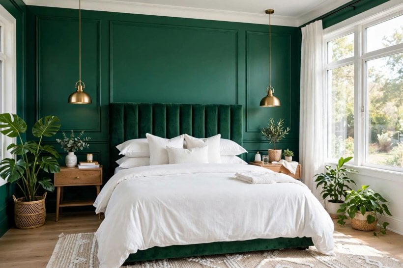 green bedroom: compact loft sleeping nook in pale sage with a low platform bed, wall lights and under-bed drawers