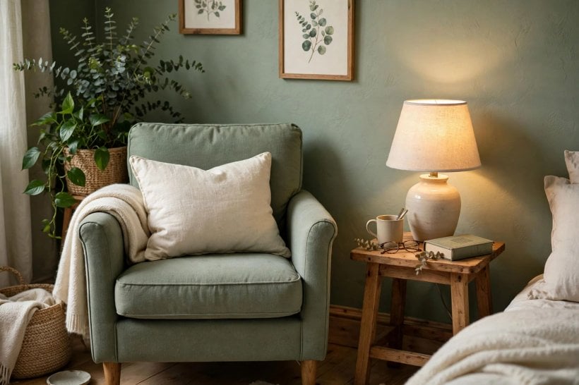 green bedroom: tall leafy plant and trailing greenery softening a corner beside a green-painted wardrobe