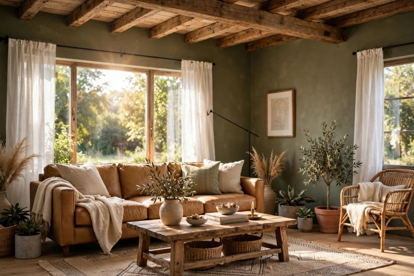 rooms with green walls: deep green walls with a cream curved sofa