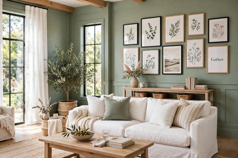rooms with green walls: sage walls with linen upholstery and oak