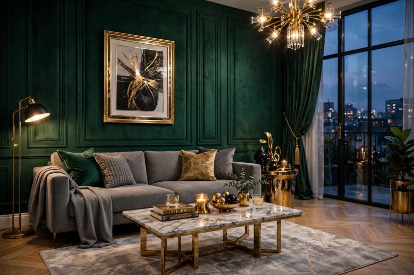 rooms with green walls: emerald feature wall with velvet armchairs