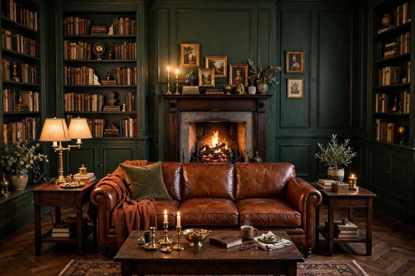 rooms with green walls: forest green panelling with layered cushions