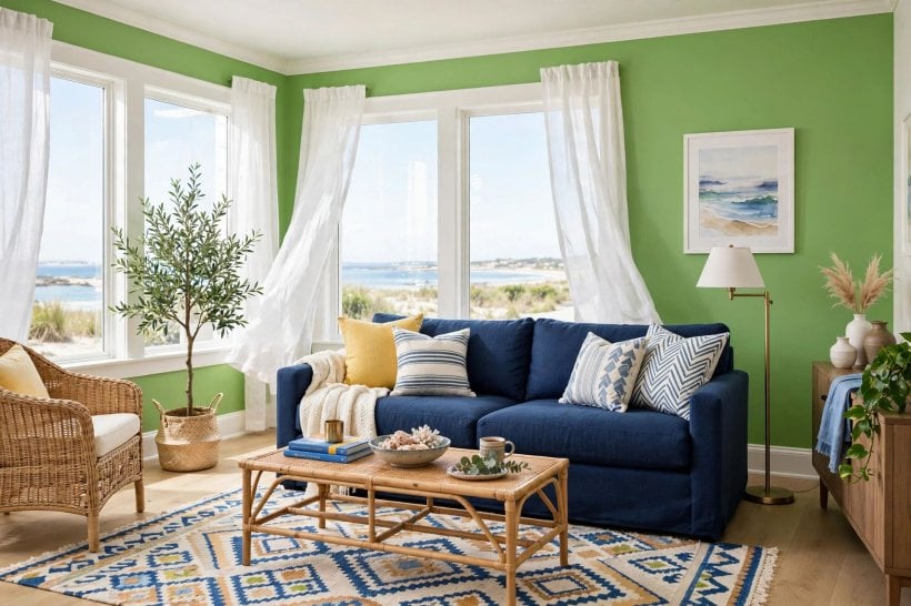 rooms with green walls: soft green walls lit by warm evening lamps