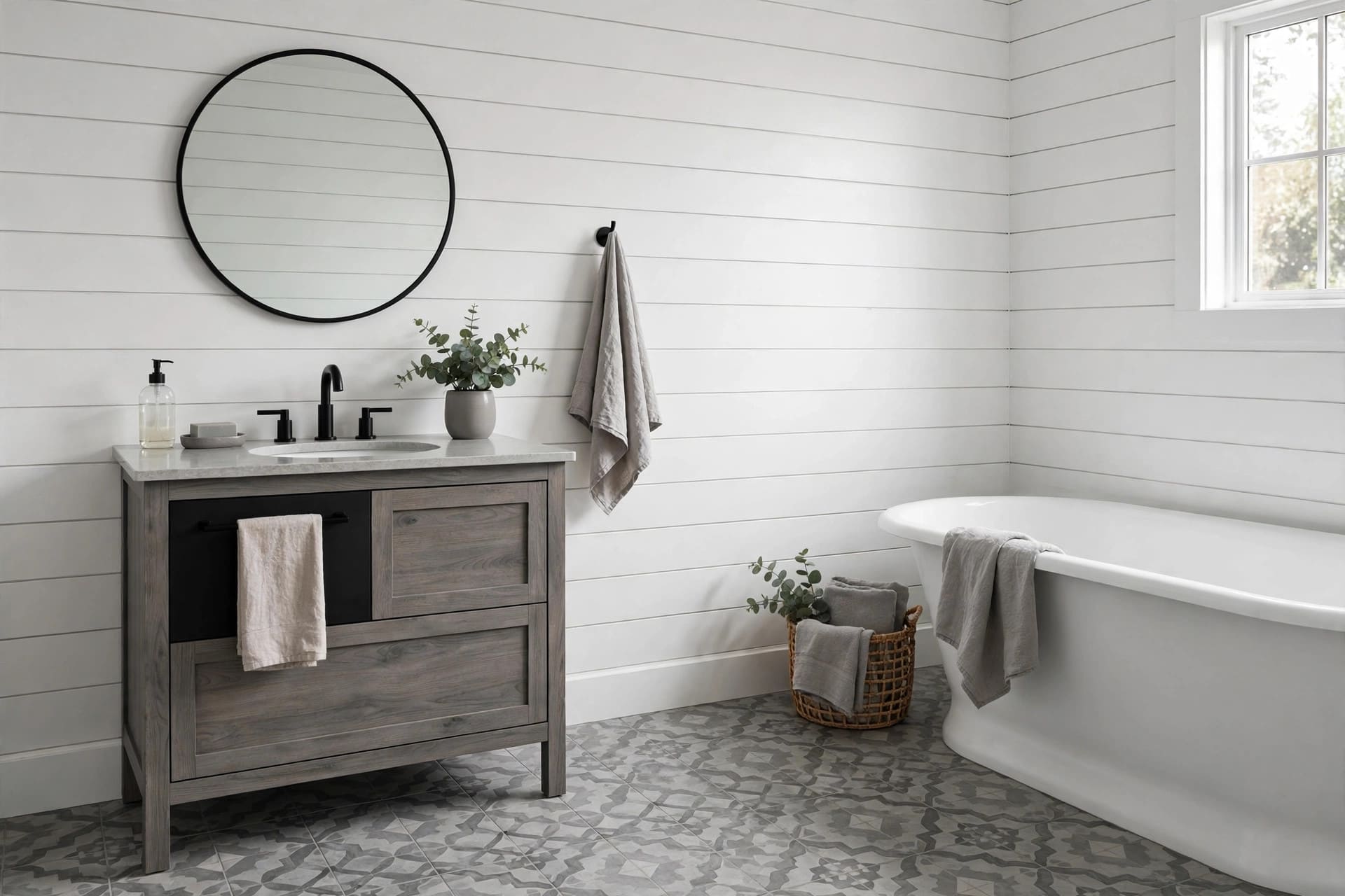 grey bathroom ideas: pale grey vanity with soft natural light