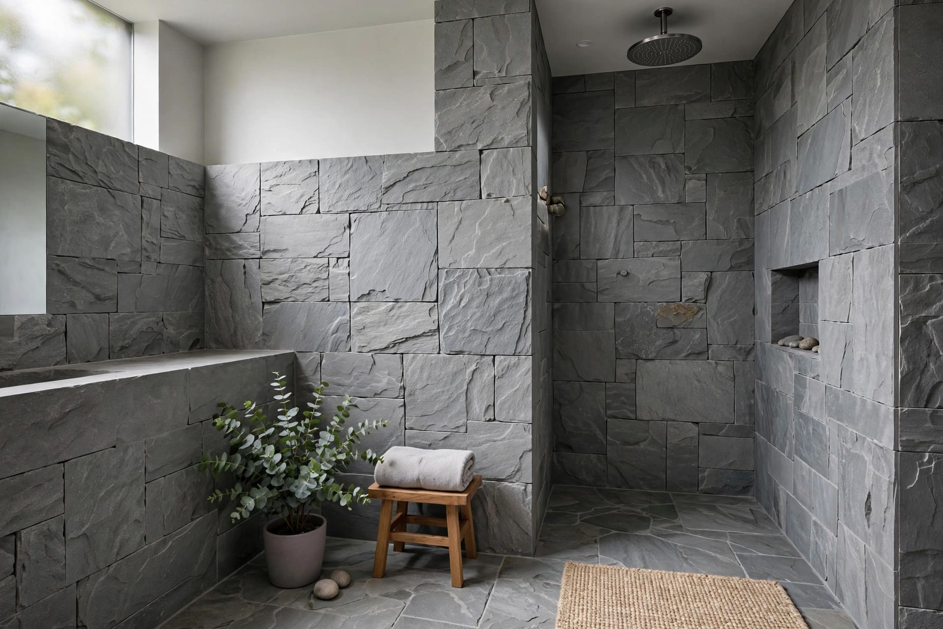 grey bathroom ideas: textured grey wall tiles beside a calm bath