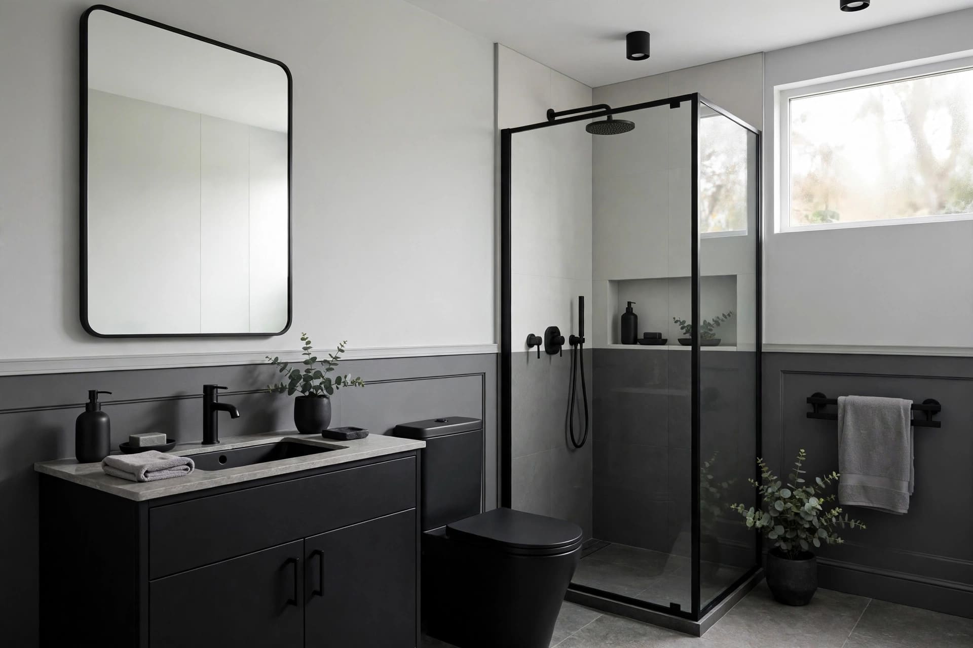 grey bathroom ideas: compact grey ensuite with space-saving fittings