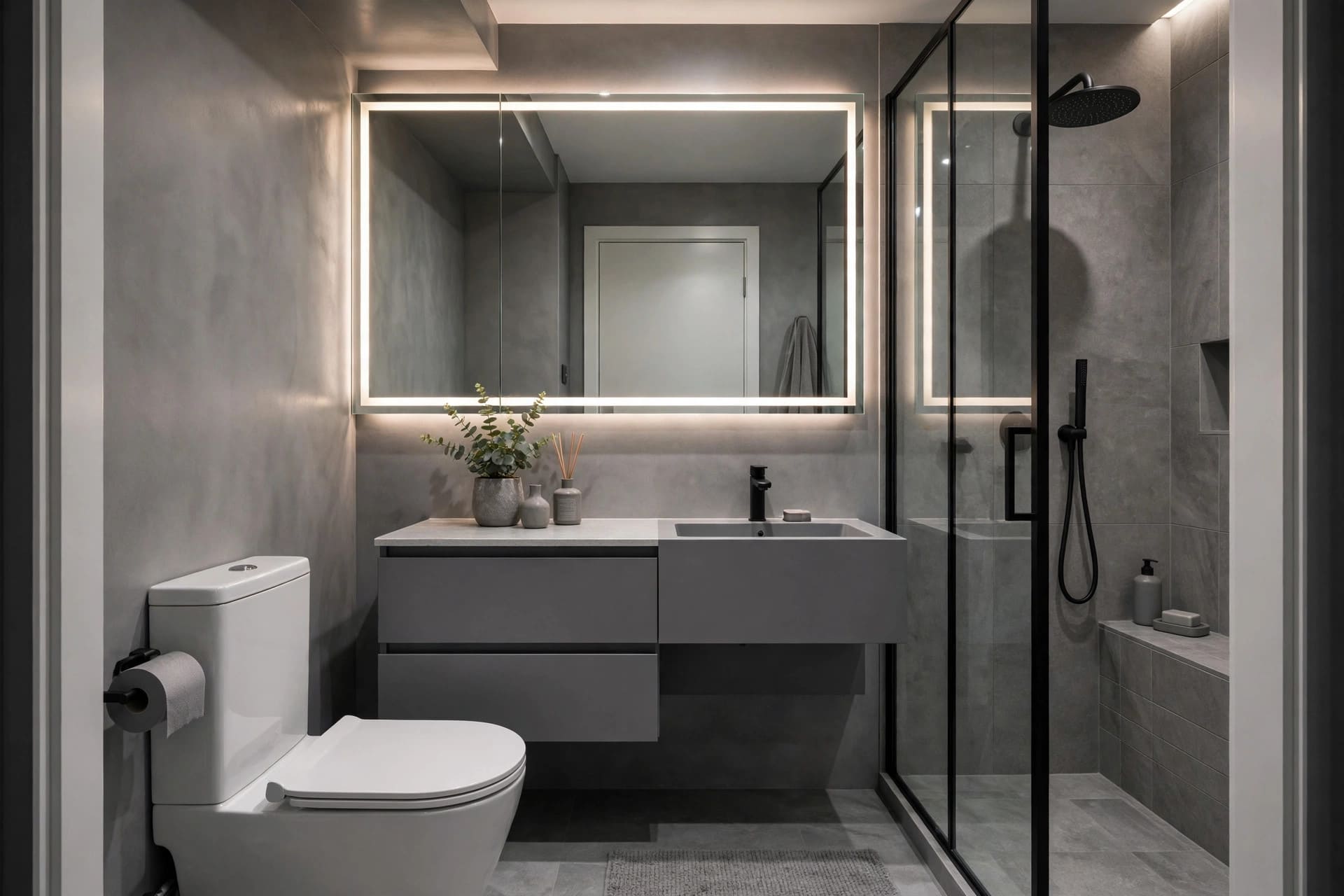 grey bathroom ideas: grey stone-look tiles with warm wood accents