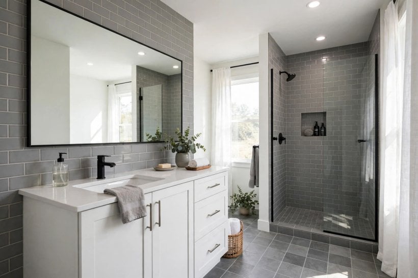 grey tile bathroom: pale grey large-format tiles in a bright modern bathroom