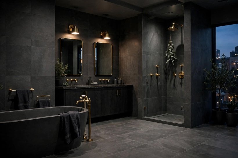 grey tile bathroom: floating oak vanity against charcoal grey metro tiles