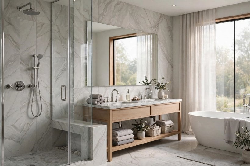 grey tile bathroom: marble-look grey veined tiles behind a freestanding bath
