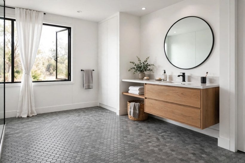 grey tile bathroom: grey stone-effect floor tiles with matching wall tiles