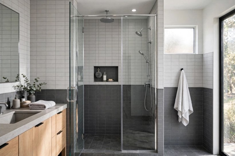 grey tile bathroom: walk-in shower lined with glossy grey tiles