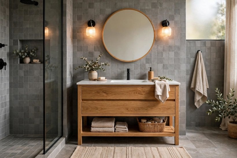 grey tile bathroom: grey tiles with contrasting grout and black fittings