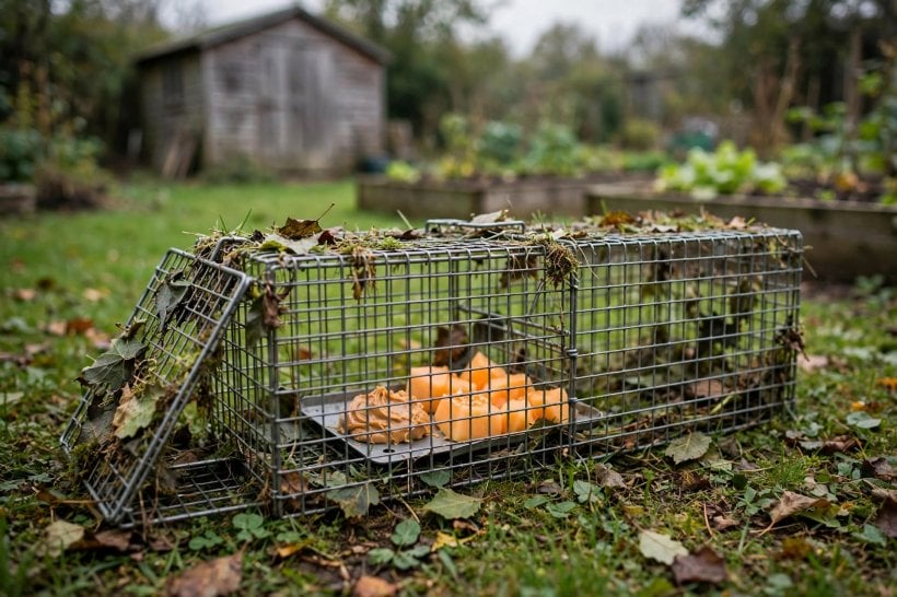 groundhog bait peanut butter: fresh bait trail leading into an open, unset live trap