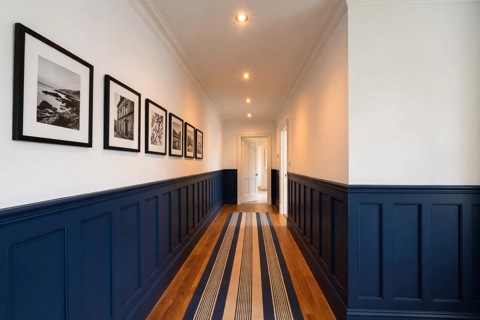 hallway wall ideas: half-height panelling with a slim ledge