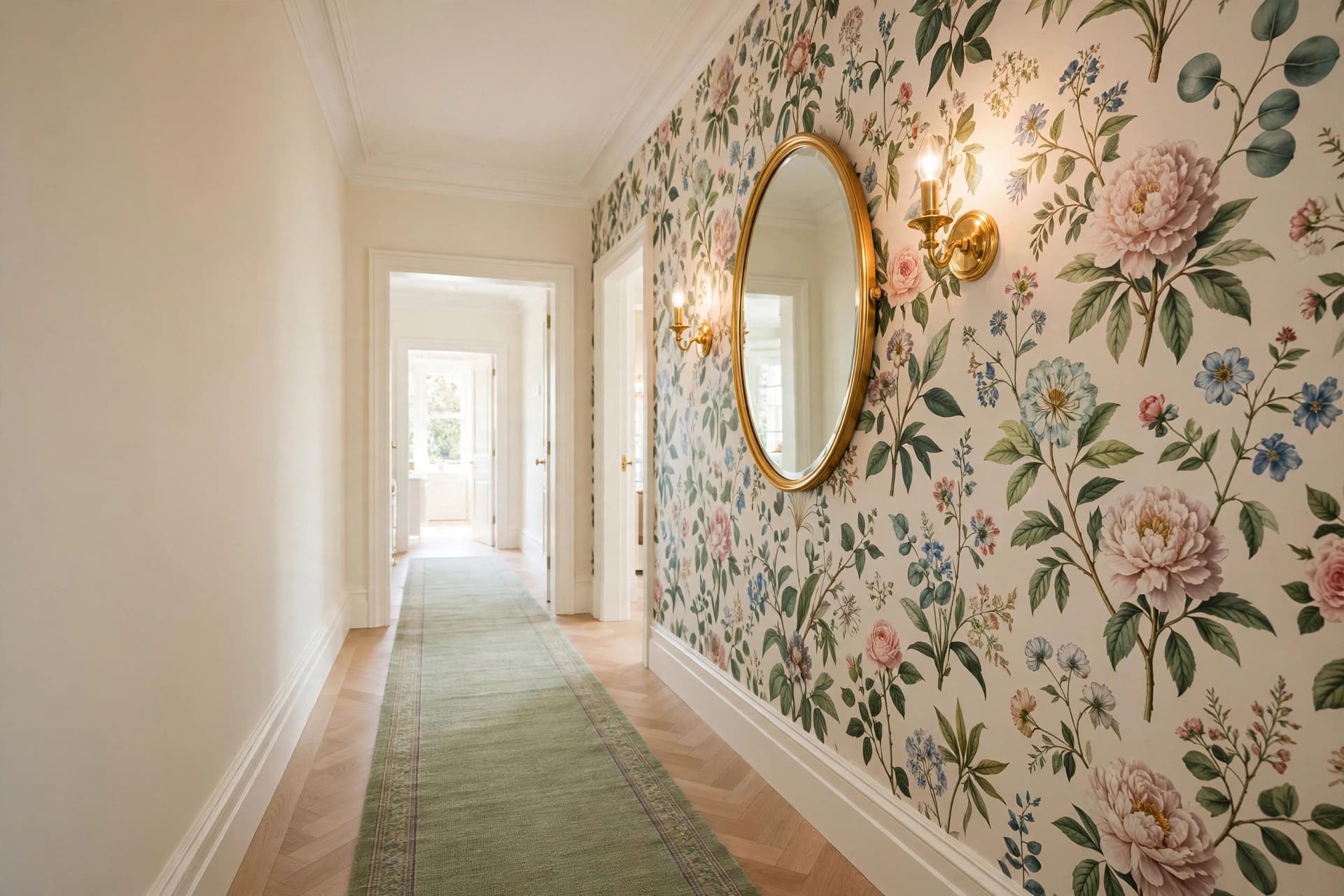 hallway wall ideas: large mirror and a centred row of framed prints