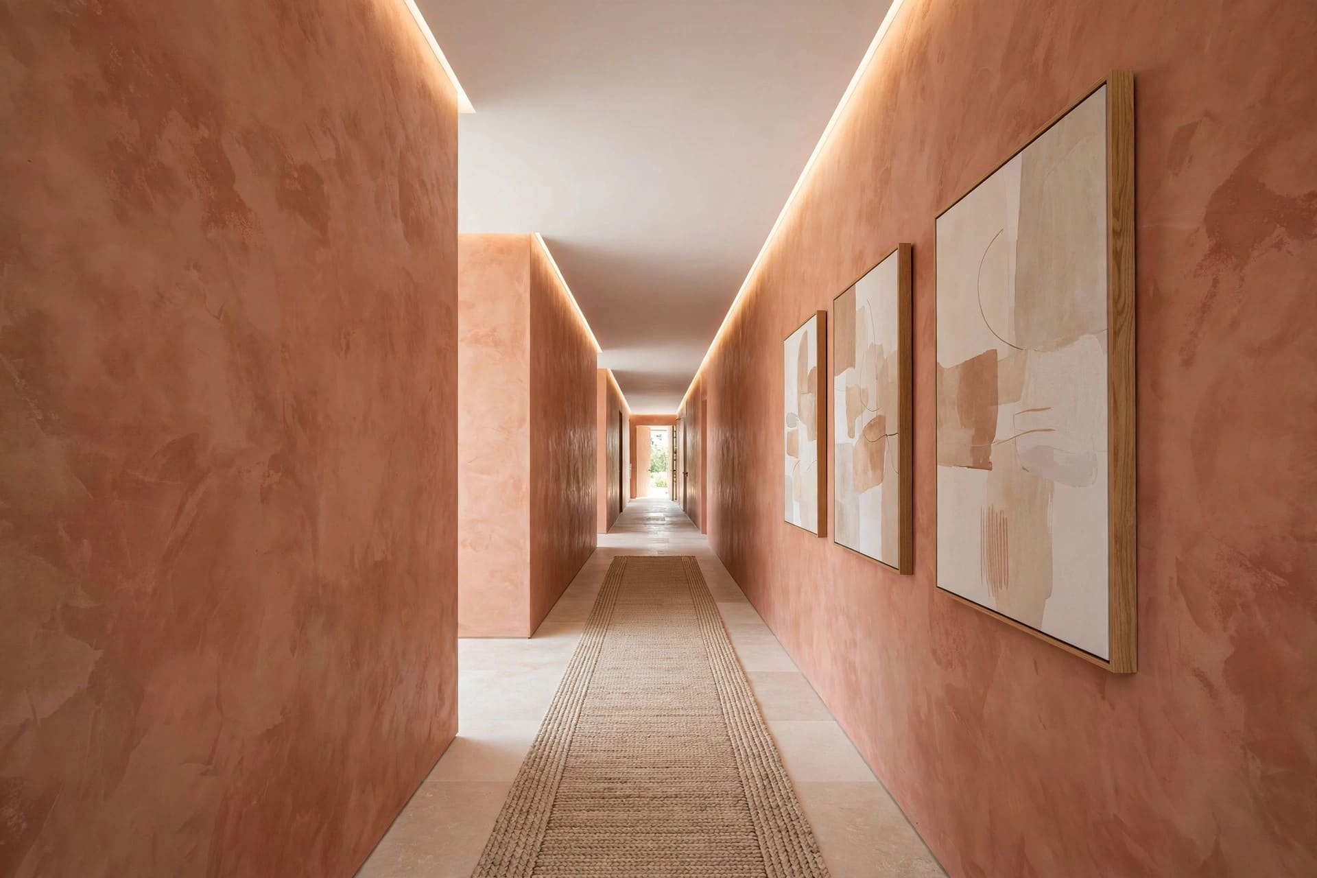 hallway wall ideas: warm wall lights washing a panelled passage