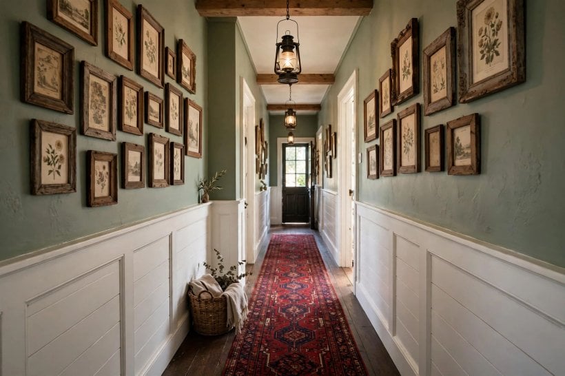hallway wall ideas: patterned runner softening a long passage