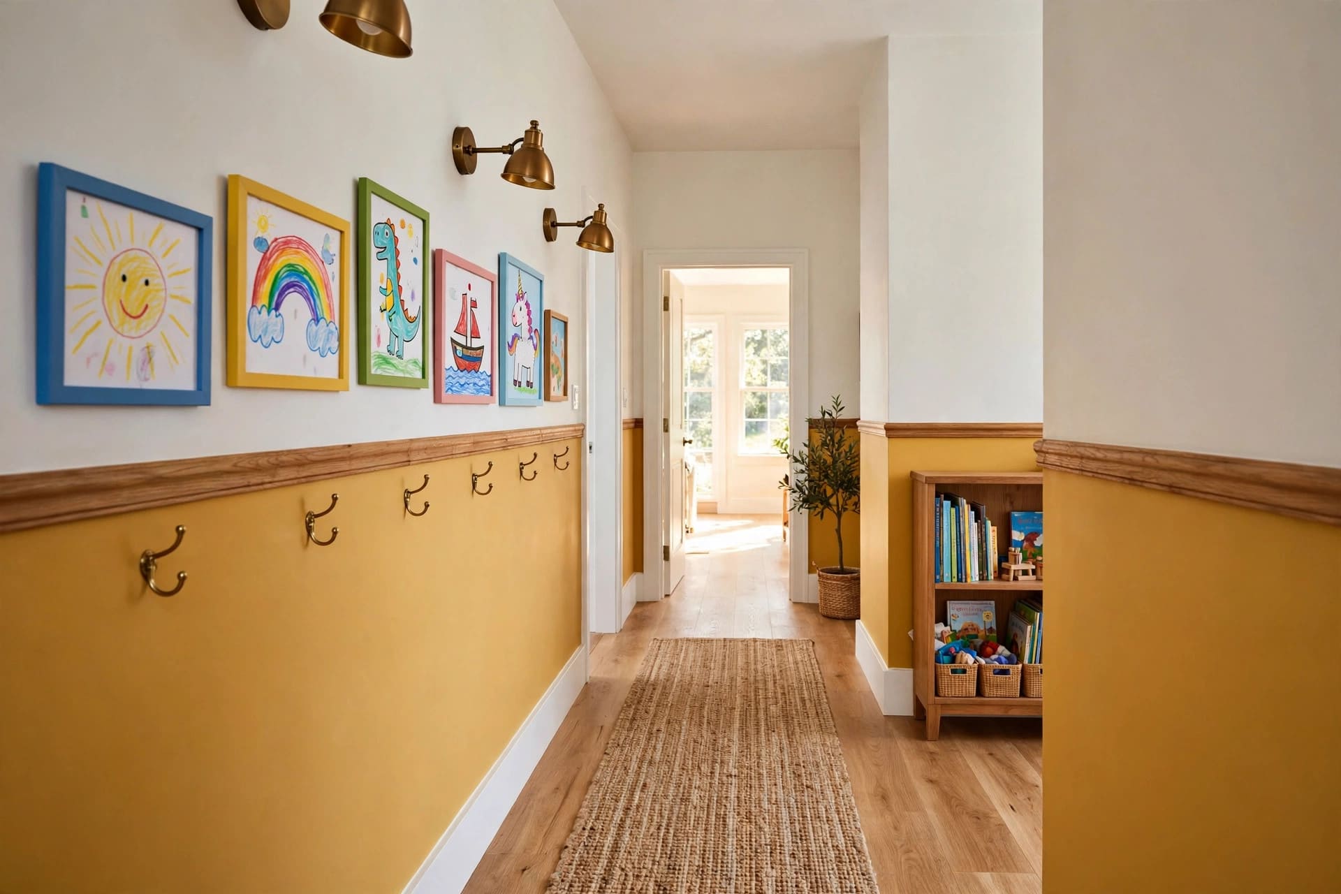 hallway wall ideas: painted front door interior with matched brass details