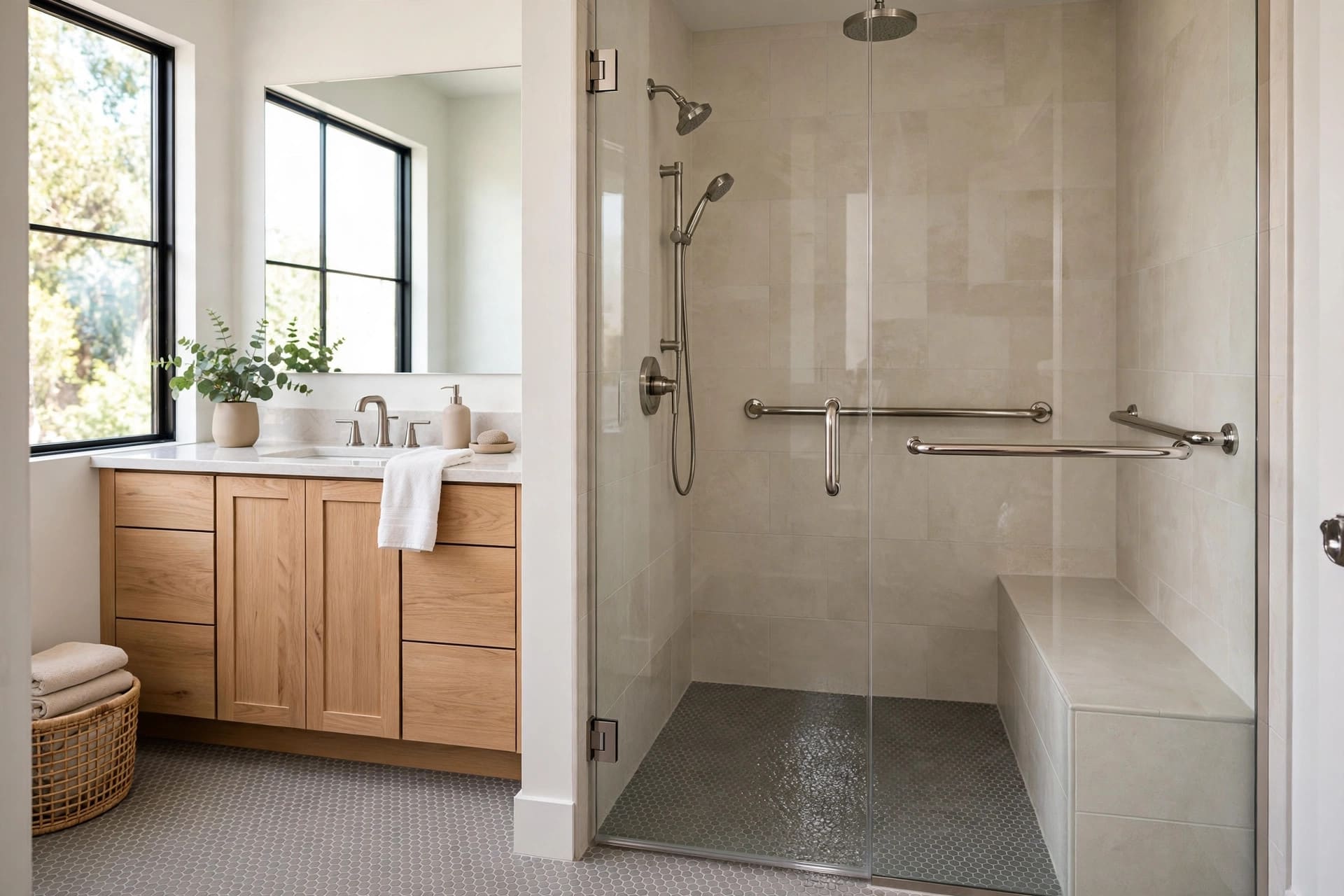 handicap bathroom: level-access shower with seat and grab bar