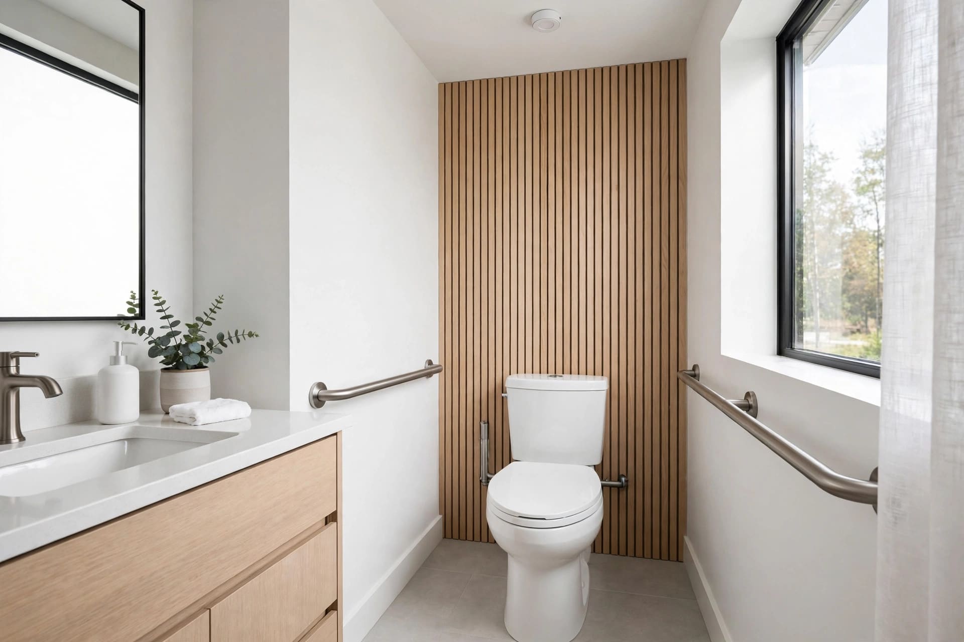 handicap bathroom: comfort-height toilet beside a support rail