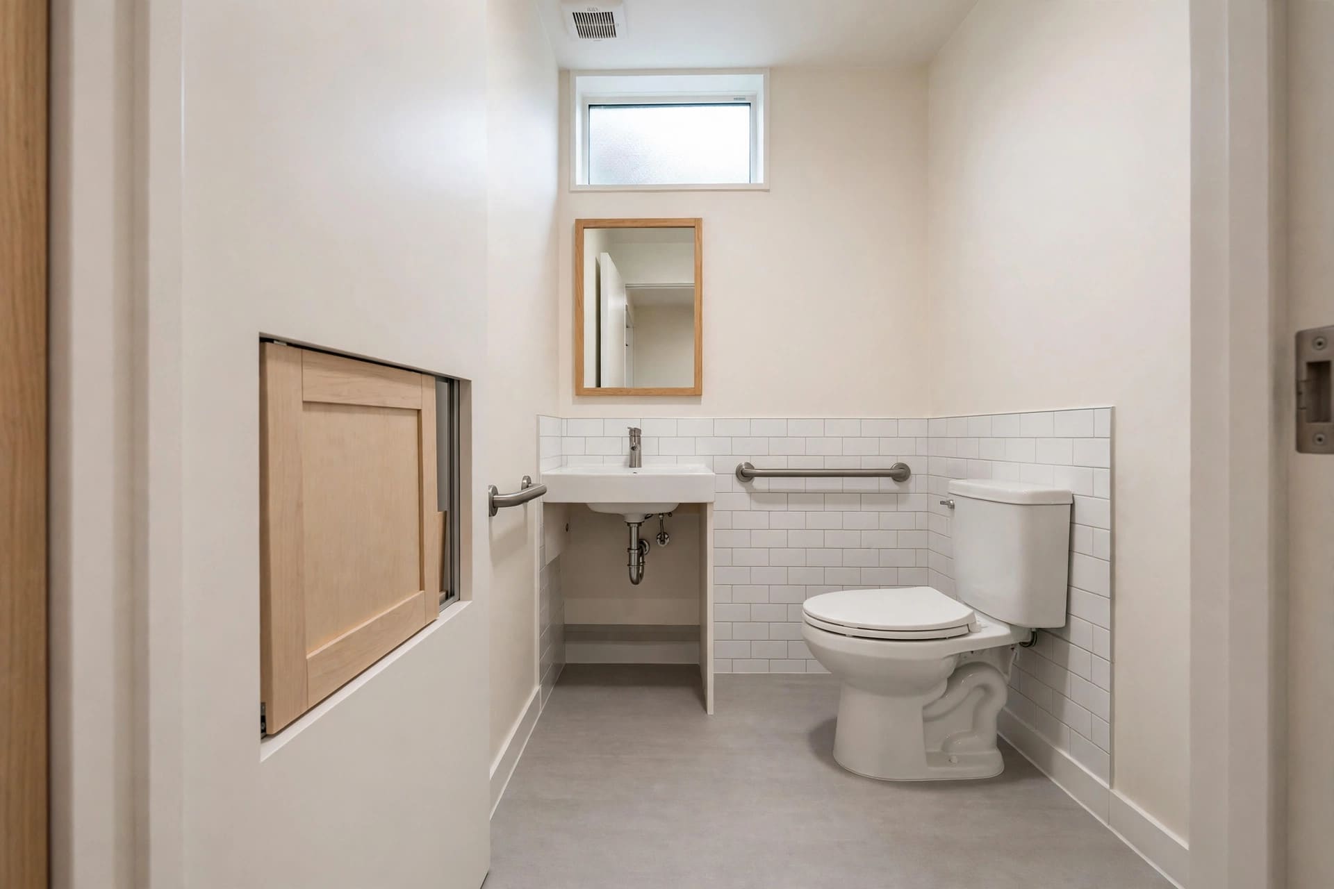 handicap bathroom: compact wall-hung basin and space-saving fixtures