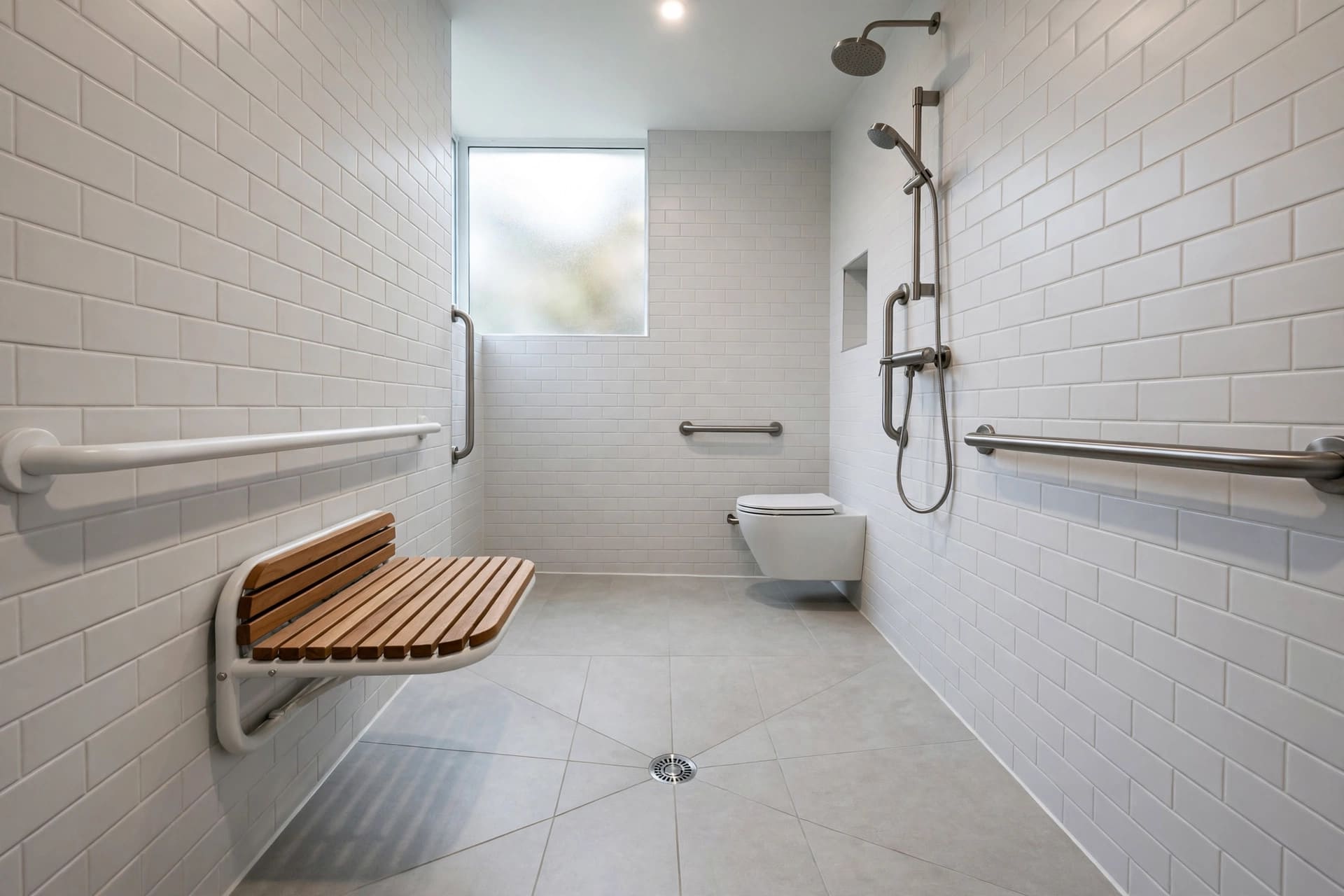handicap bathroom: matt slip-resistant floor tiles in a soft tone