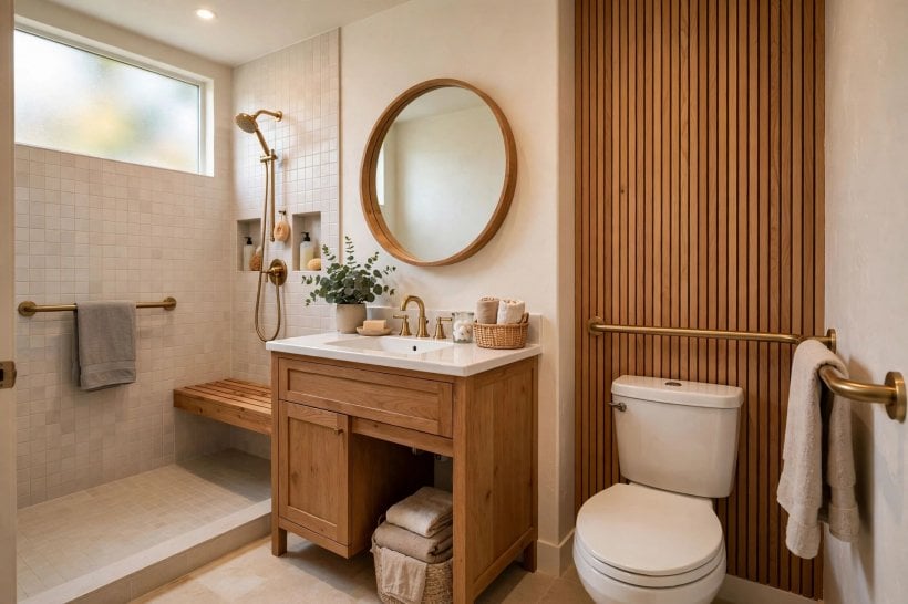 handicap bathroom: neat reachable storage beside the basin