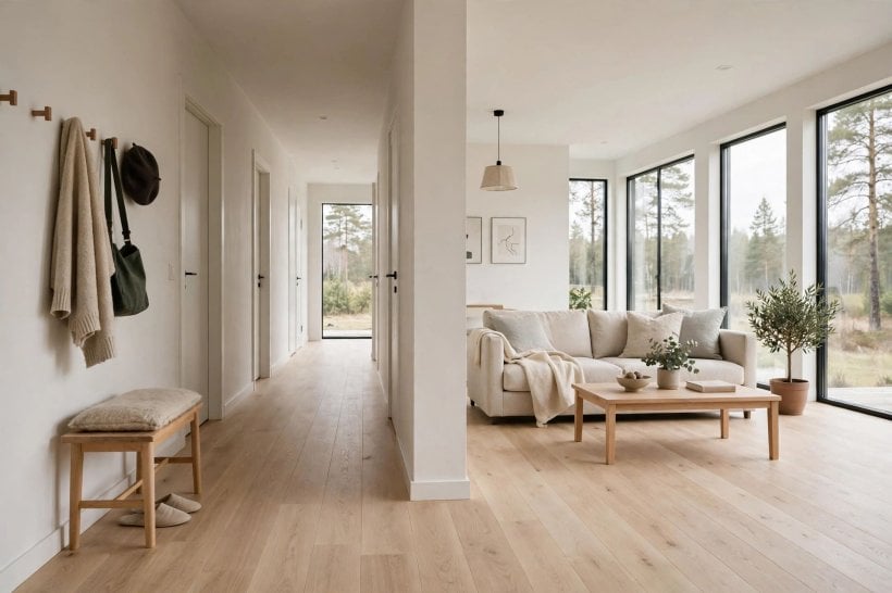 hardwood floor colors: classic mid-brown boards under a family dining table