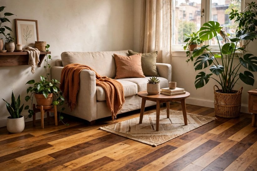 hardwood floor colors: patterned herringbone lay mixing light and mid tones