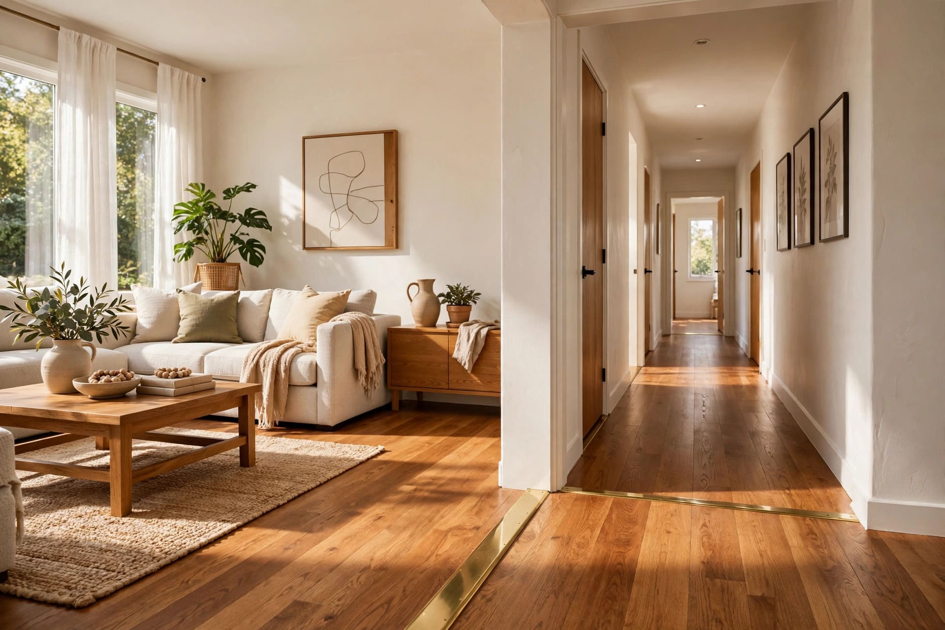 hardwood floor transition from room to hallway
