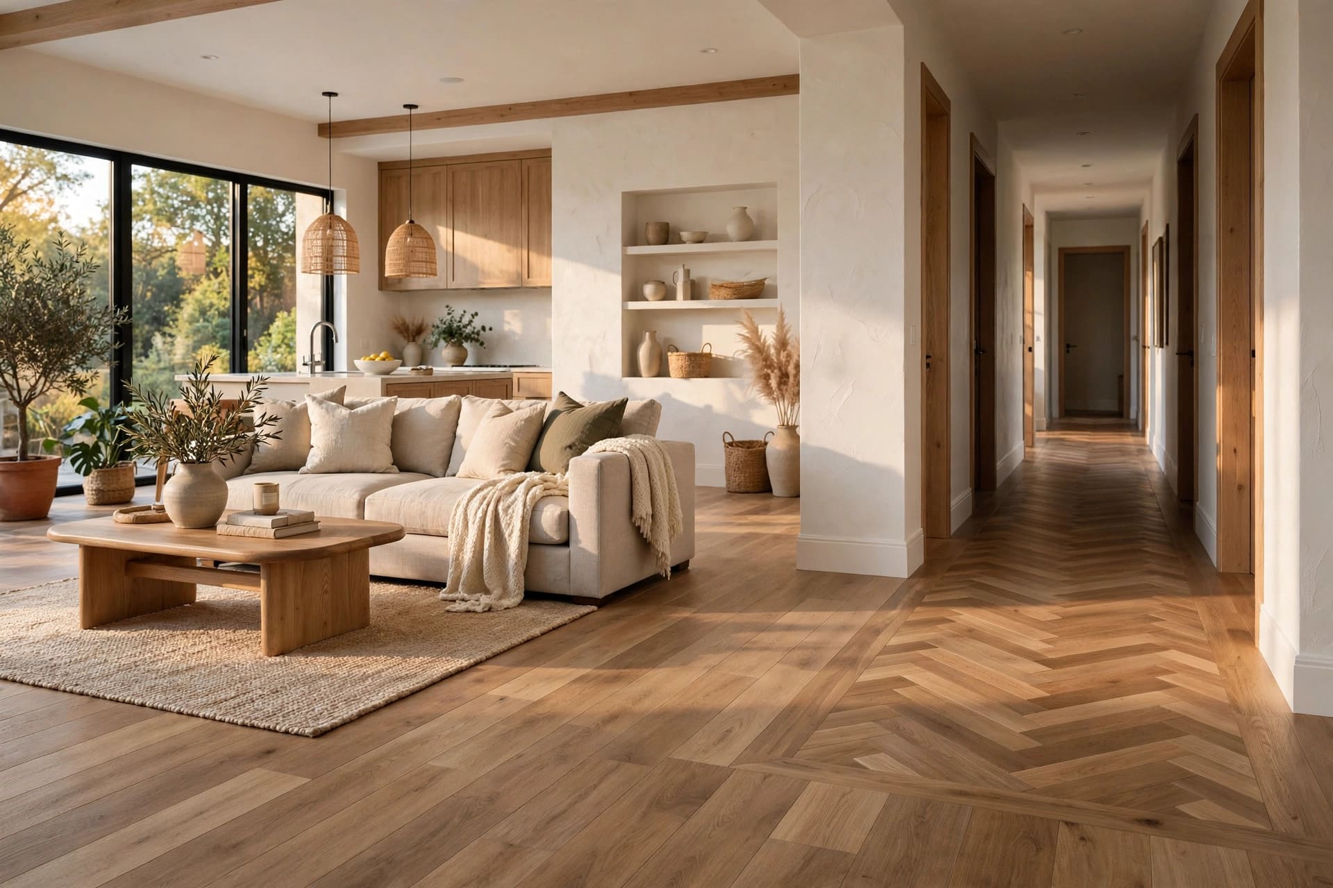 hardwood floor transition from room to hallway: boards running straight through a doorway
