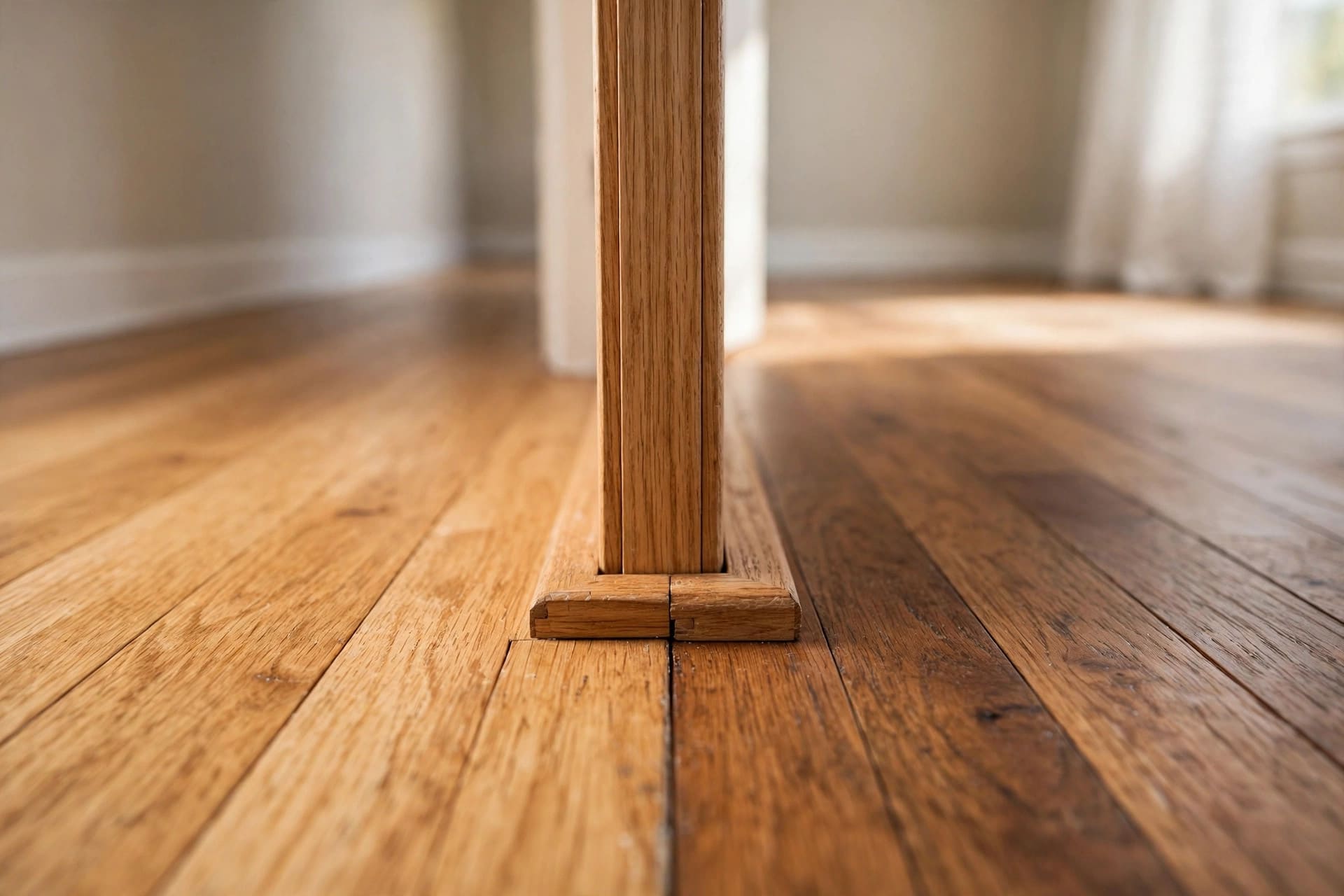 hardwood floor transition from room to hallway: patterned boards turning at the threshold