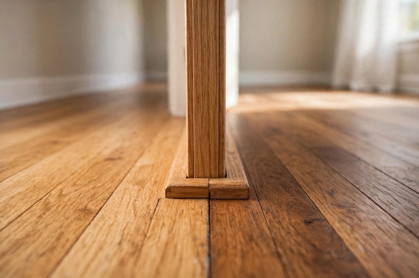 hardwood floor transition from room to hallway: patterned boards turning at the threshold