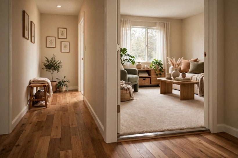 hardwood floor transition from room to hallway: gently ramped reducer between levels