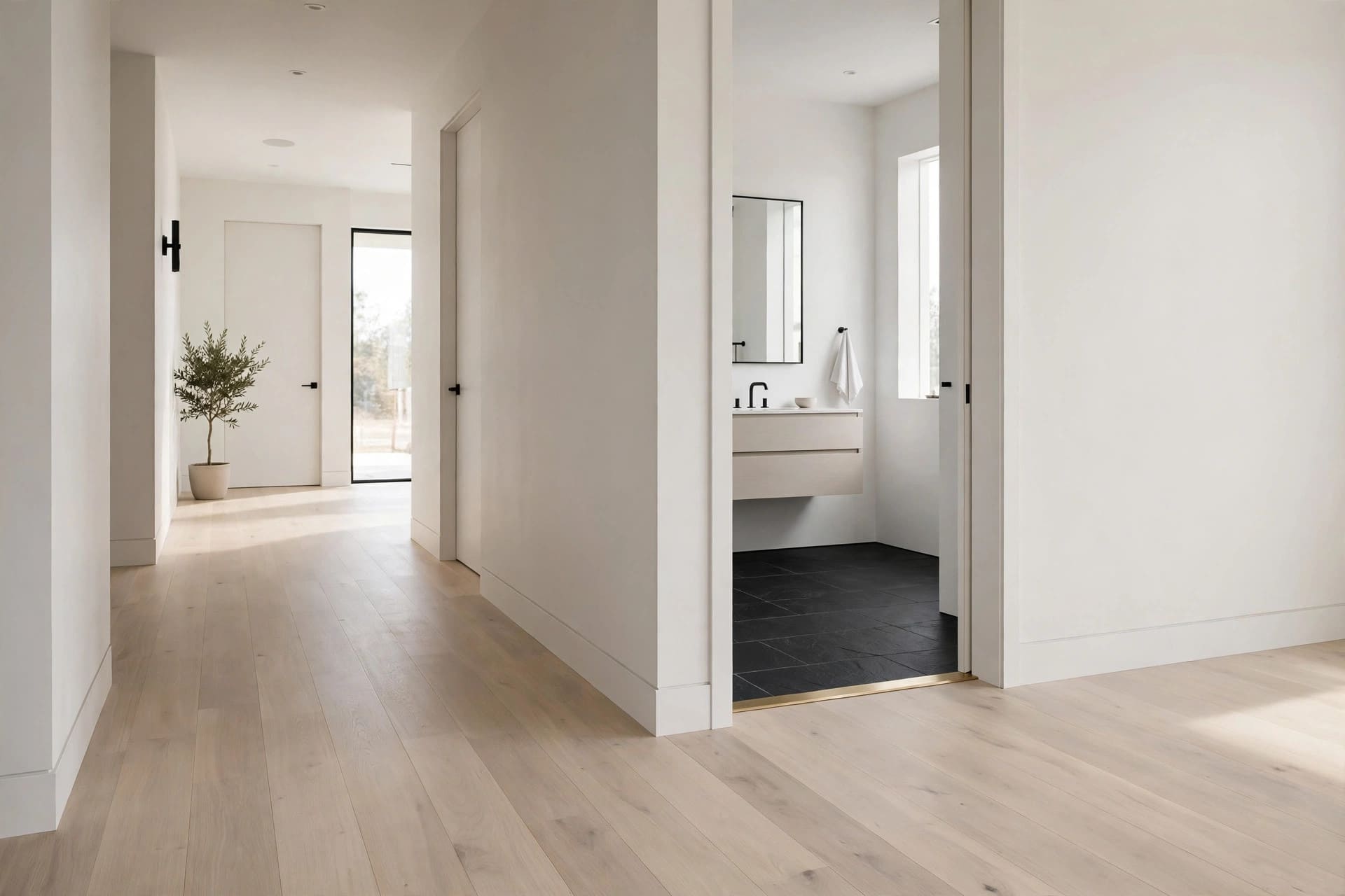 hardwood floor transition from room to hallway: dark contrasting strip in a pale doorway