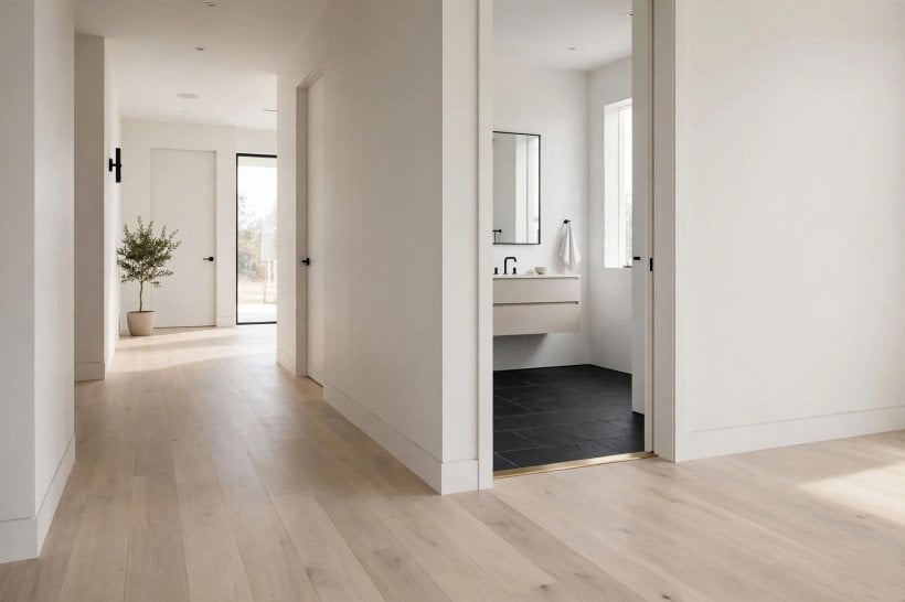 hardwood floor transition from room to hallway: dark contrasting strip in a pale doorway
