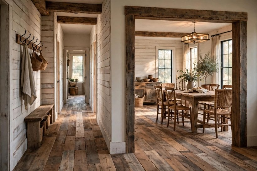 hardwood floor transition from room to hallway: timber boards meeting a hall runner