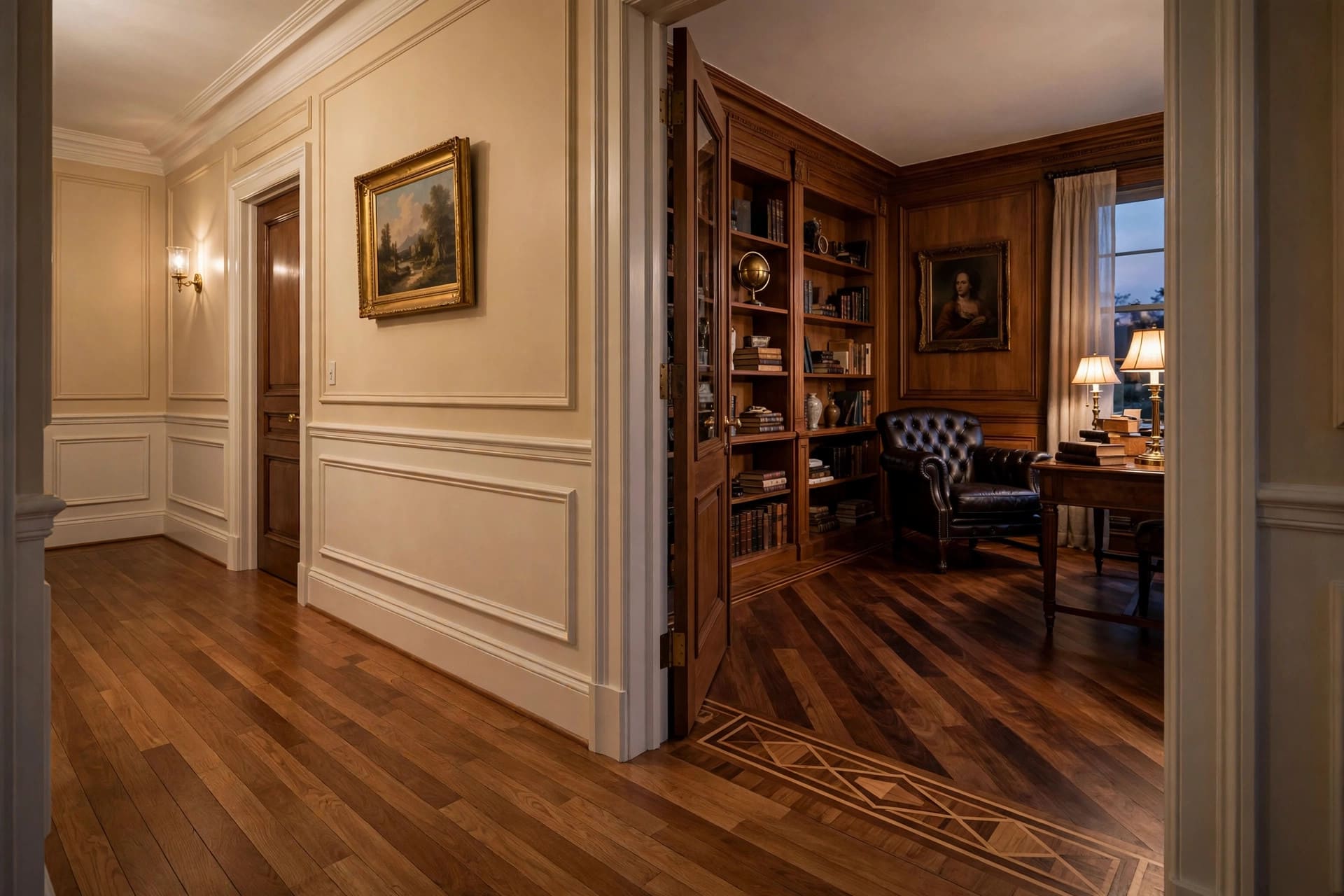 hardwood floor transition from room to hallway: warm reclaimed timber threshold