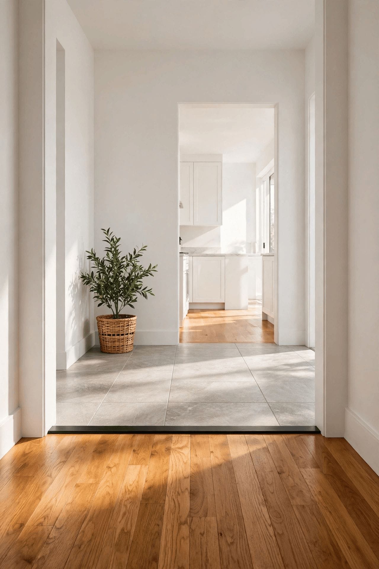 hardwood floor transition from room to hallway