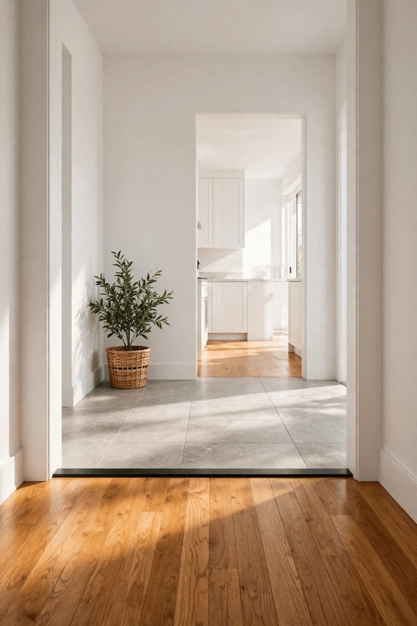 hardwood floor transition from room to hallway
