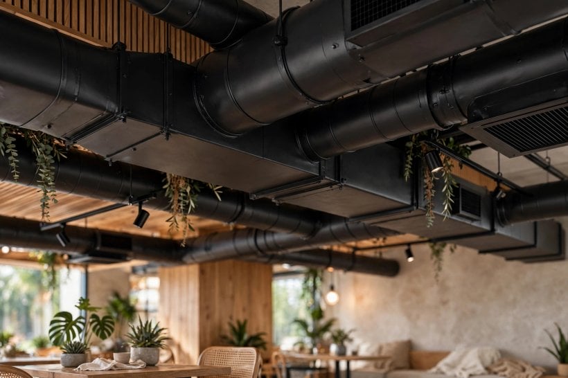 hiding ductwork: a ceiling duct painted to match the ceiling